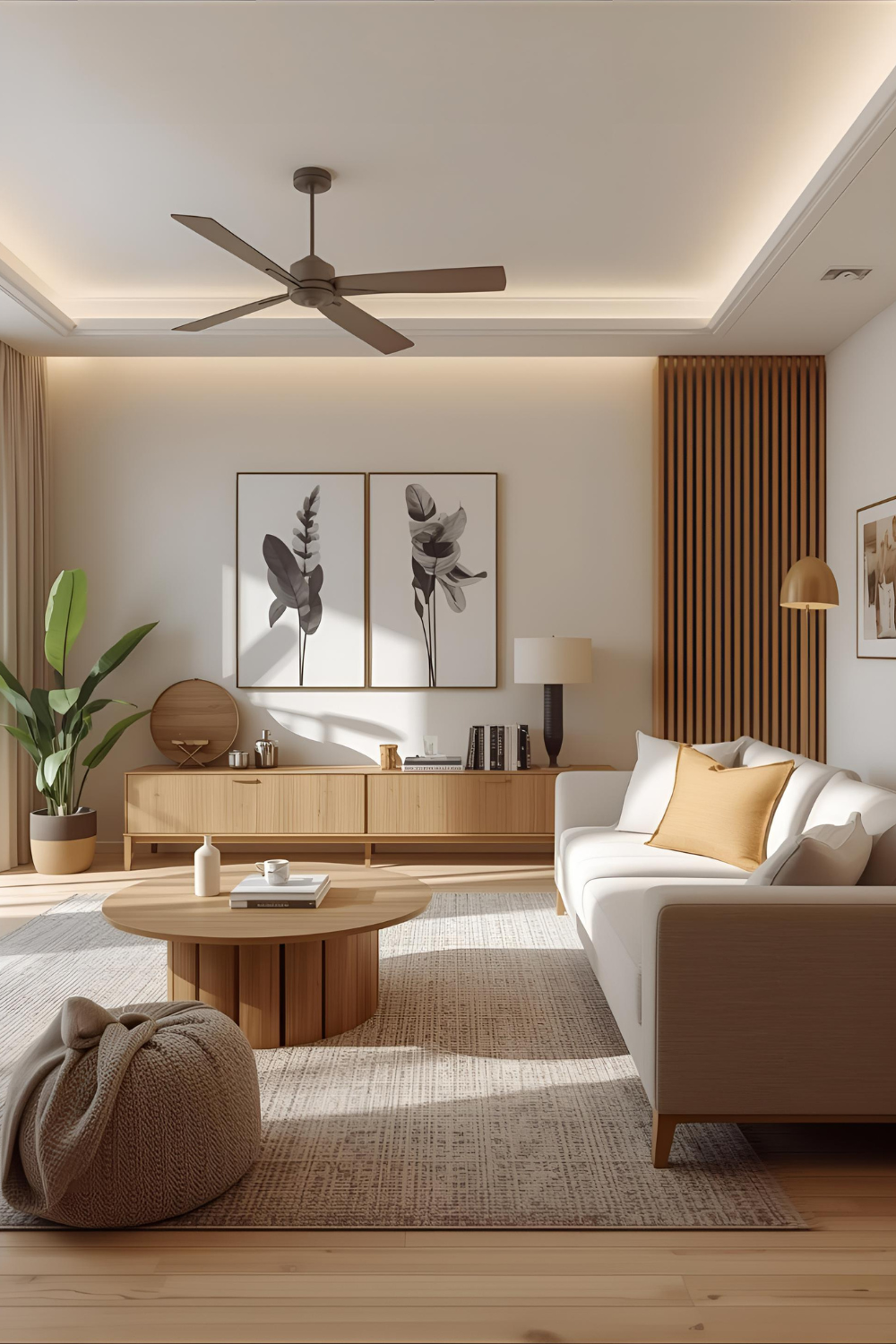 Scandinavian living room in Quiet Luxury style with neutral tones, linen sofa, oak coffee table, and soft natural lighting creating a calm atmosphere.